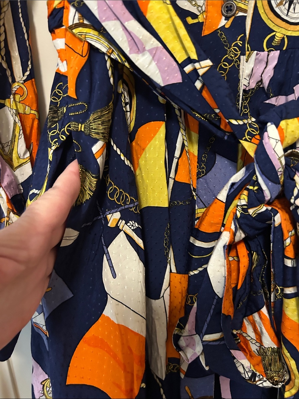 Anthropologie Maeve Navy Shirt Dress with Orange, Purple & Cream Nautical Print - Picture 6 of 16